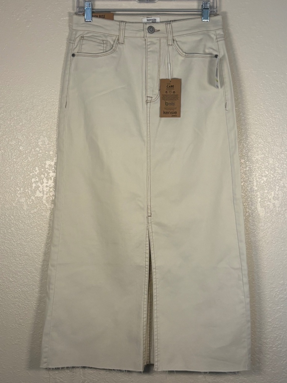 NWT Kensie Jeans Vintage Luxe High Rise Midi Denim Skirt 4/27 Natural